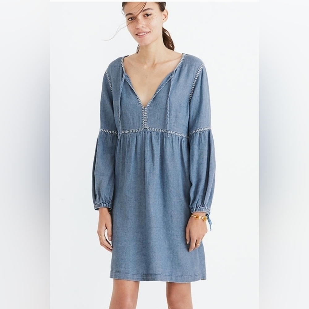 Madewell Women’s XS Linen Blend Indigo Peasant Boho Tunic Mini Dress
